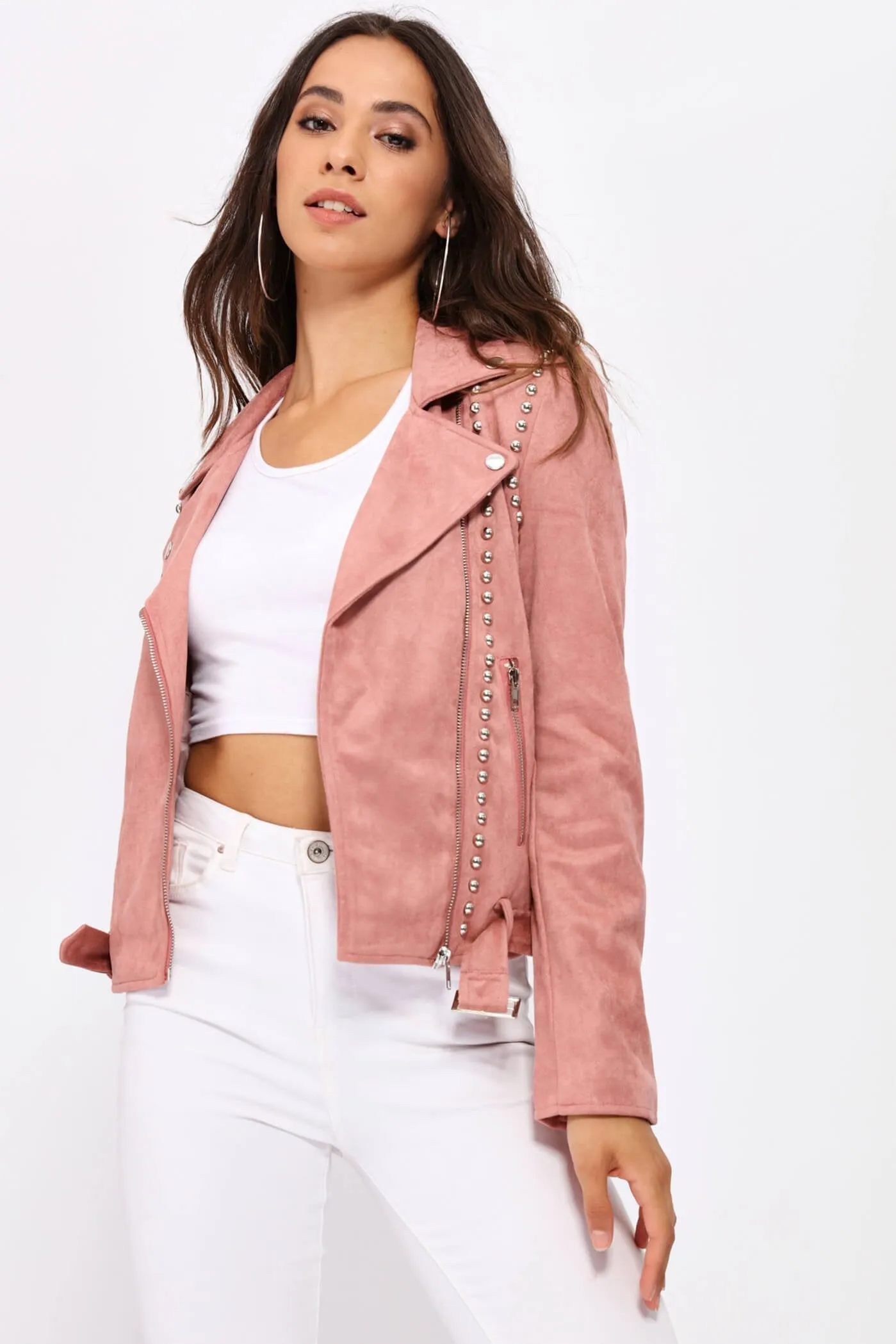 Pink Studded Suede Biker Jacket