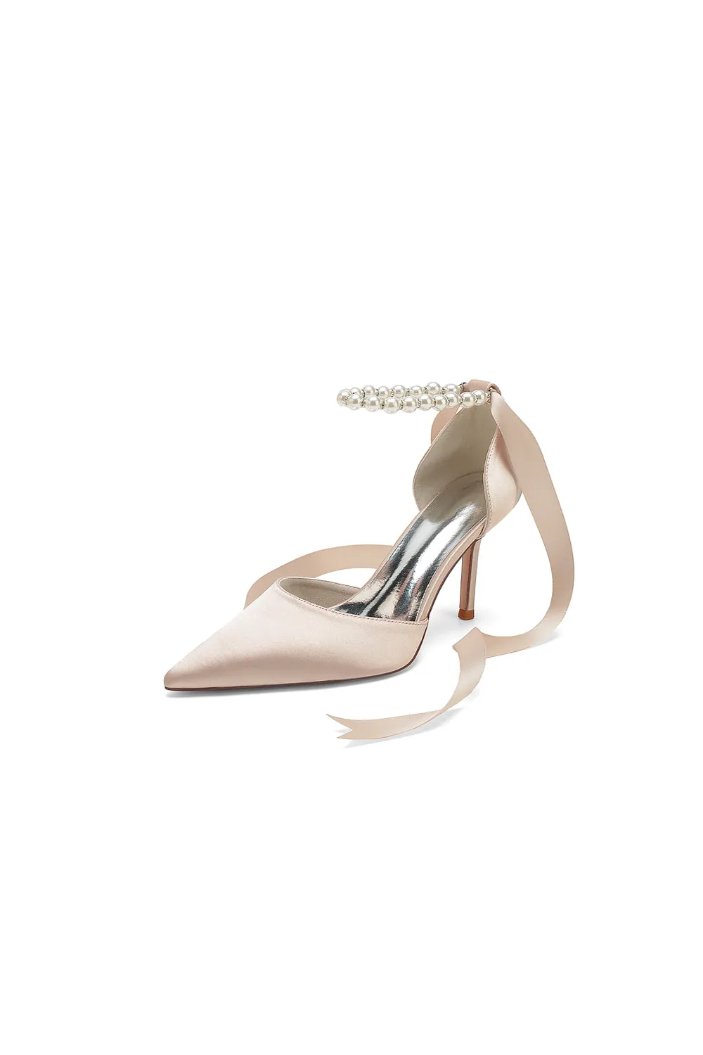 Pointed Toe Pearl Strap Ribbon Tie High Heel