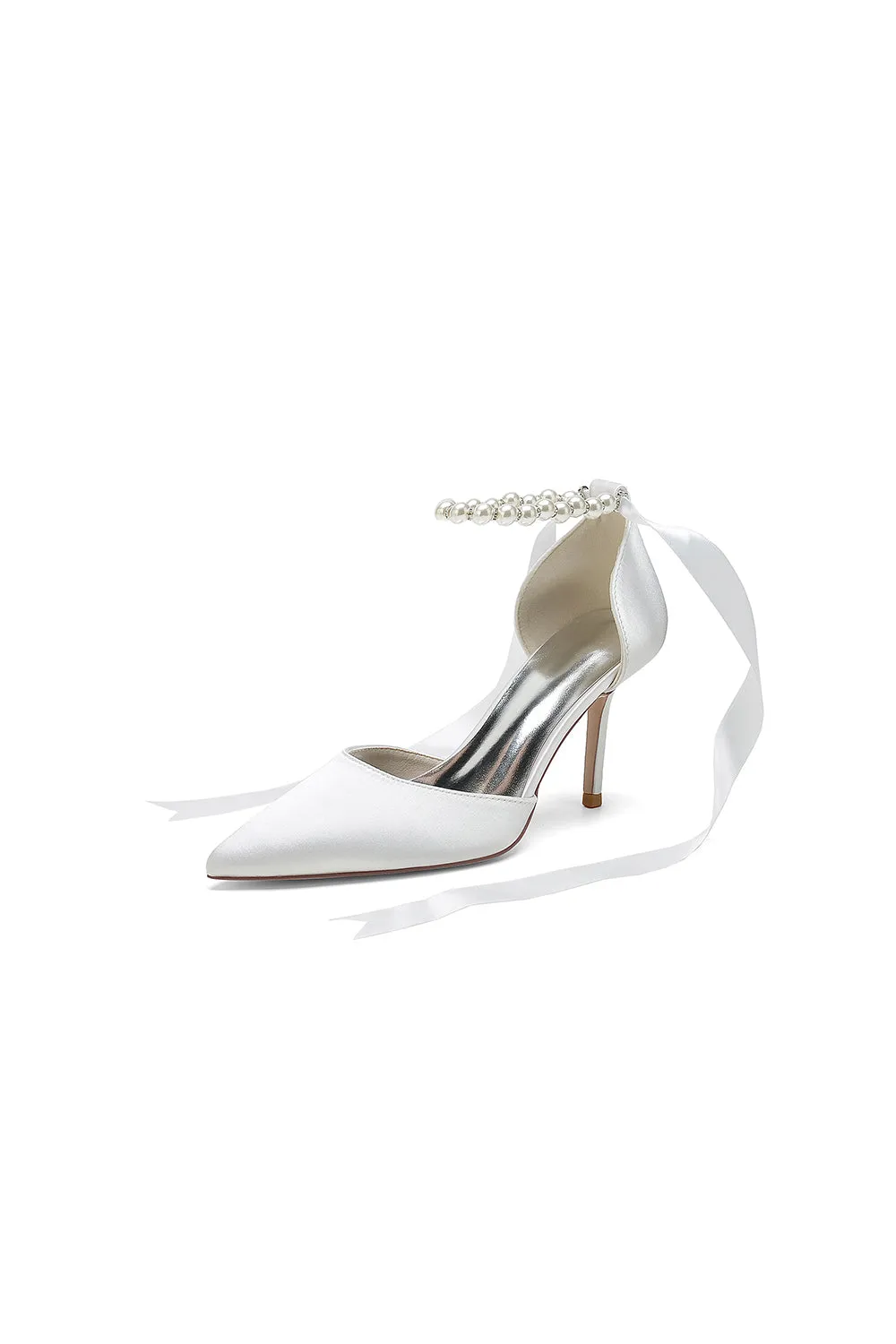 Pointed Toe Pearl Strap Ribbon Tie High Heel