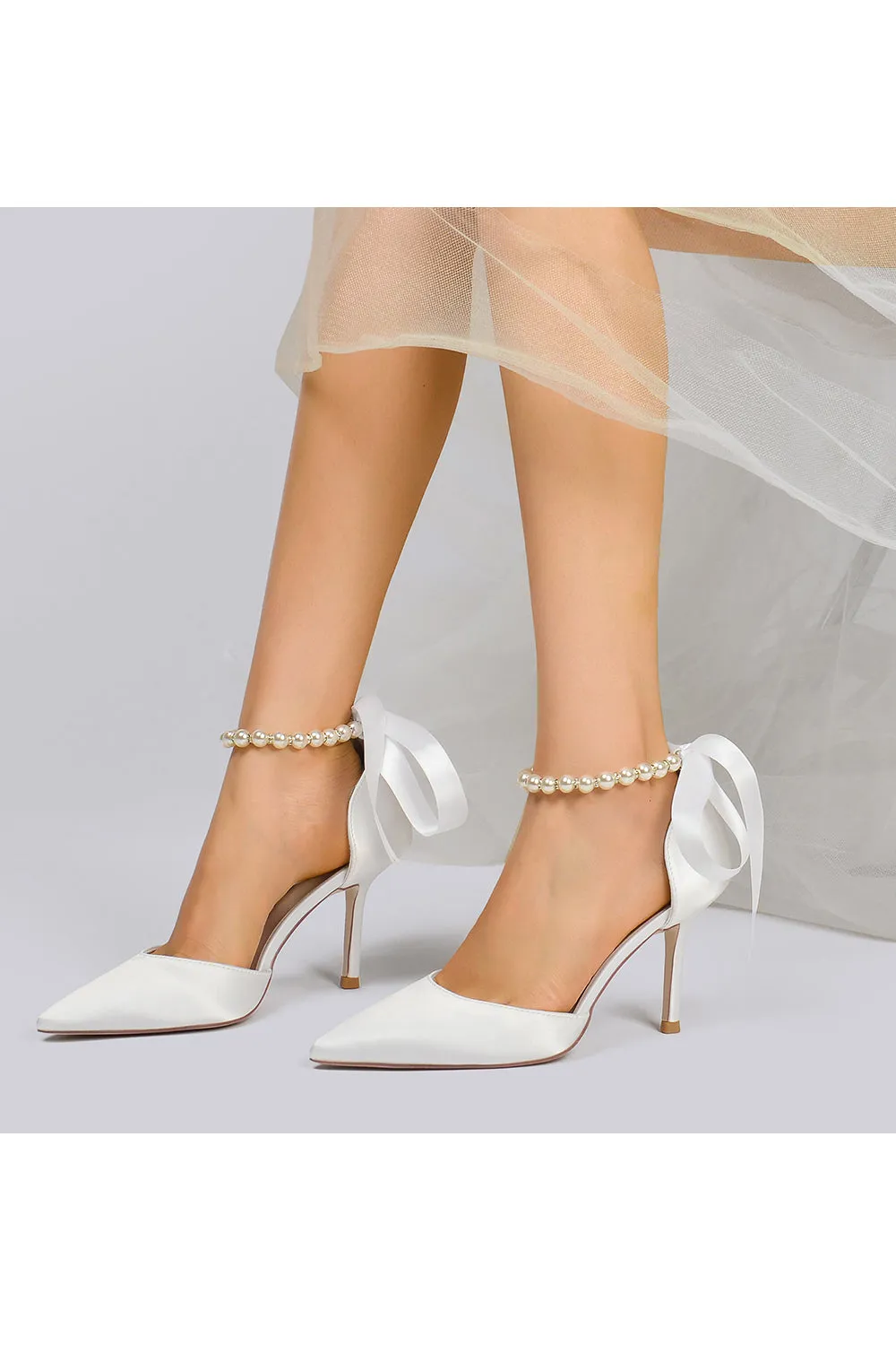 Pointed Toe Pearl Strap Ribbon Tie High Heel