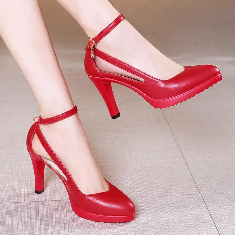 Pointed Toe Platform Buckle Strap Split Leather High Heels