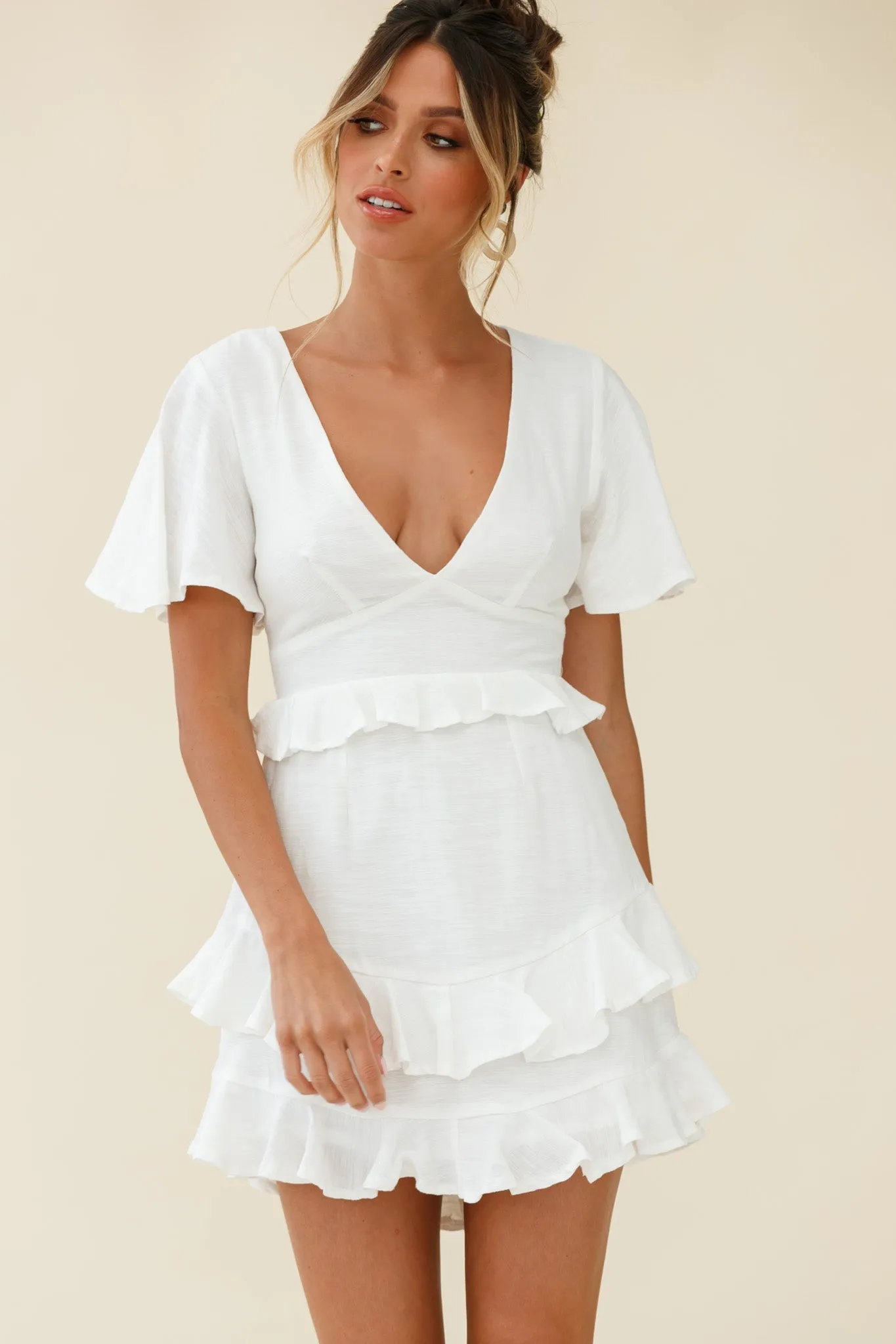 Queenie Angel Sleeve Ruffle Trim Dress White