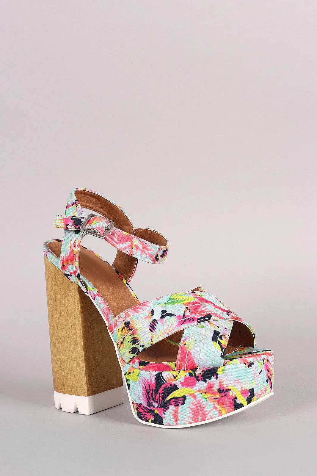 Qupid Floral X-Band Ankle Strap Faux Wooden Platform Heel