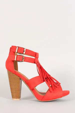 Qupid Suede Double Buckle Fringe Cut Out Chunky Heel