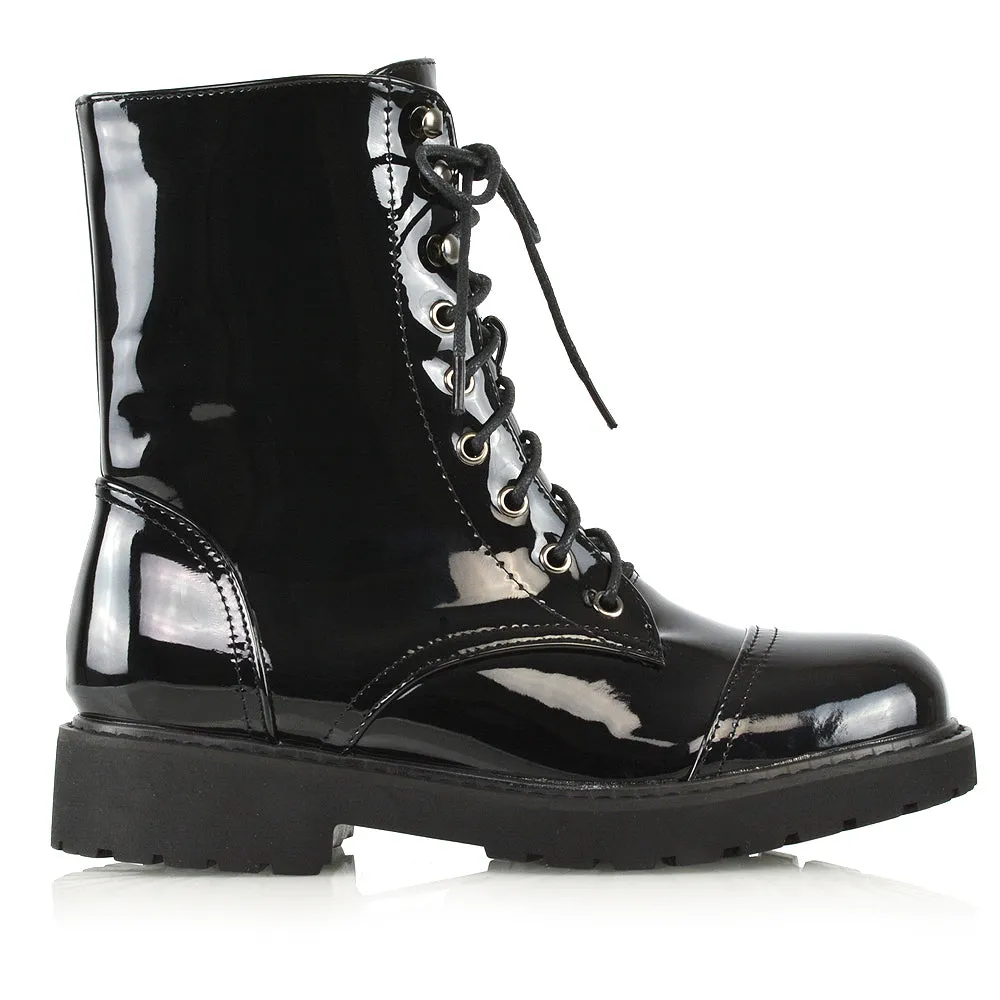 River Lace Up Military Combat Zip-up Flat Ankle Biker Boots In Black Synthetic Leather