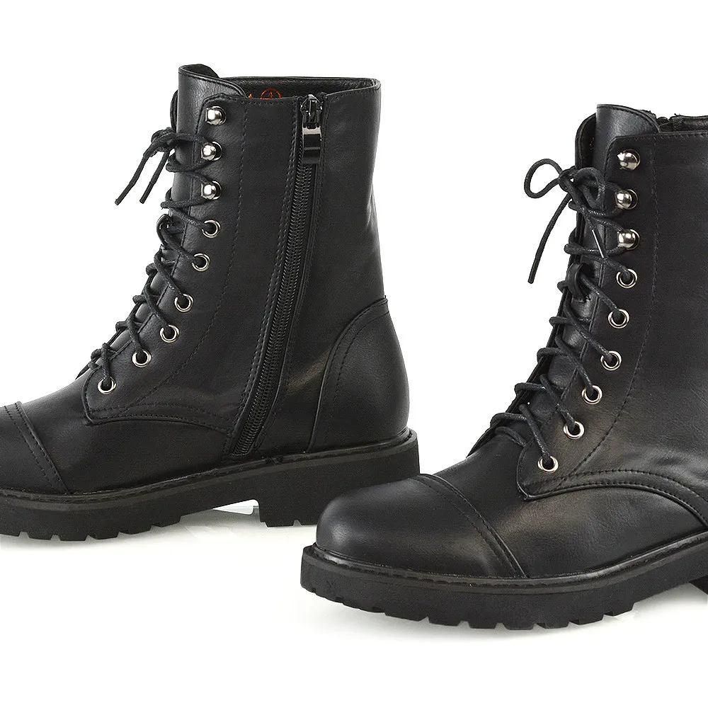 River Lace Up Military Combat Zip-up Flat Ankle Biker Boots In Black Synthetic Leather