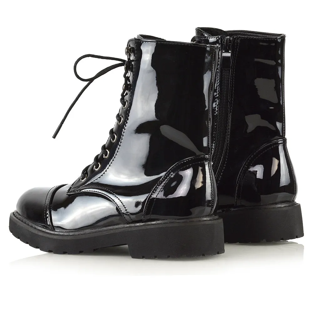 River Lace Up Military Combat Zip-up Flat Ankle Biker Boots In Black Synthetic Leather