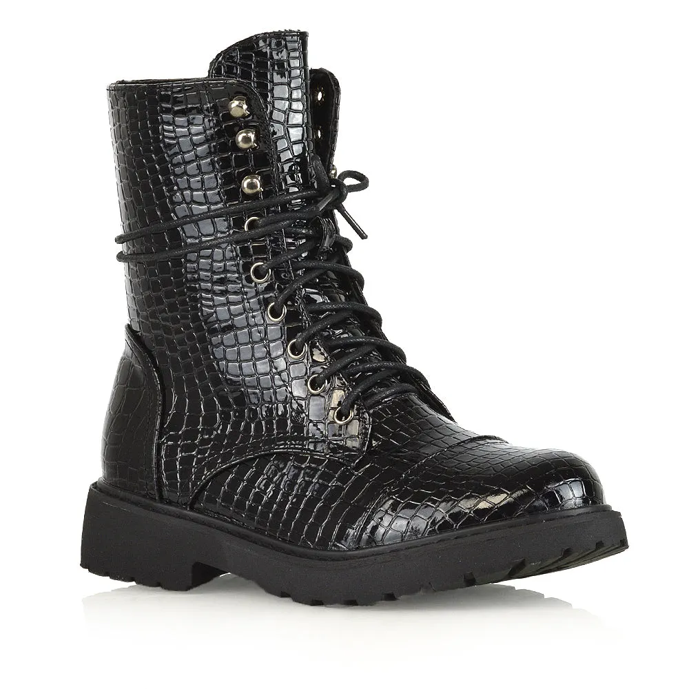 River Lace Up Military Combat Zip-up Flat Ankle Biker Boots In Black Synthetic Leather