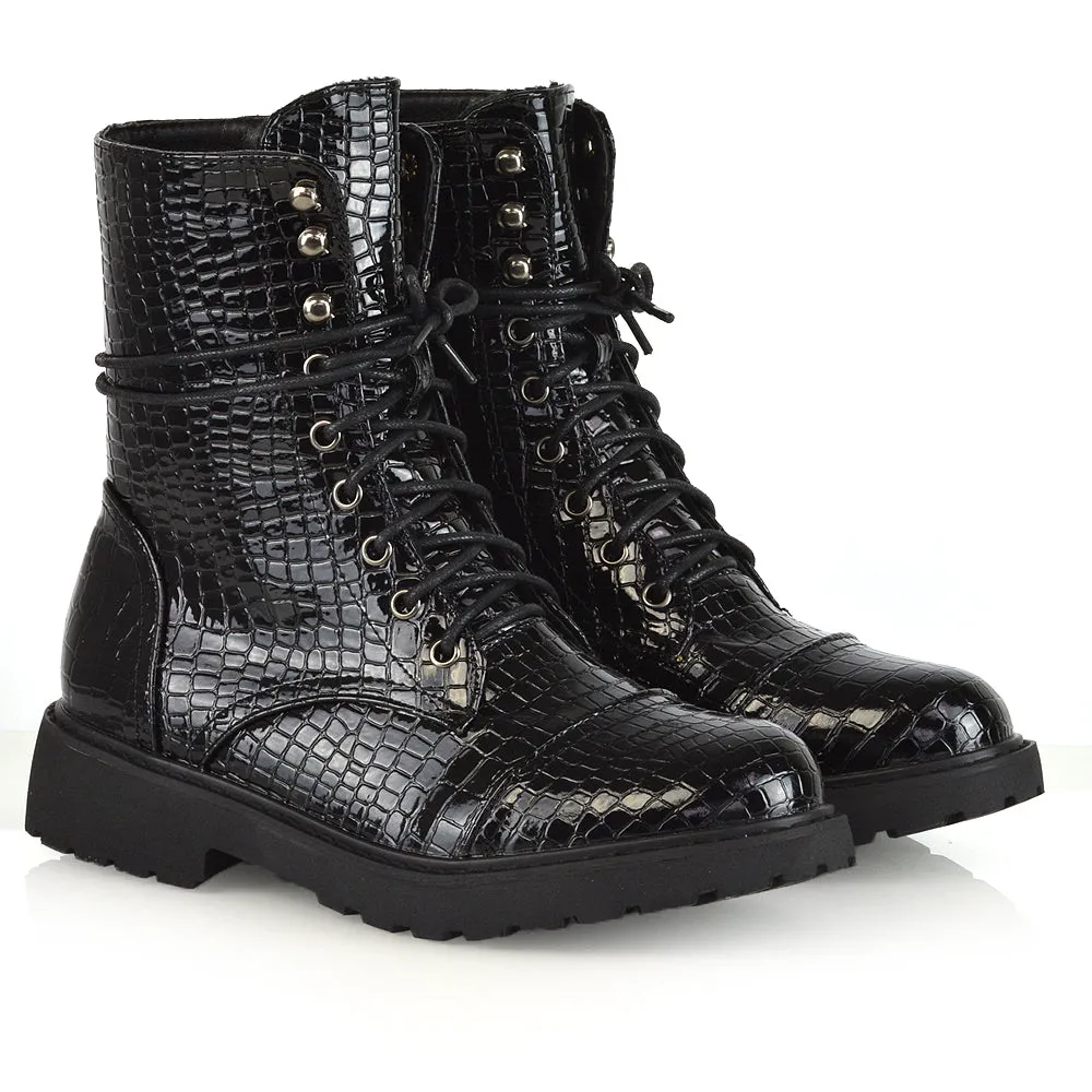 River Lace Up Military Combat Zip-up Flat Ankle Biker Boots In Black Synthetic Leather