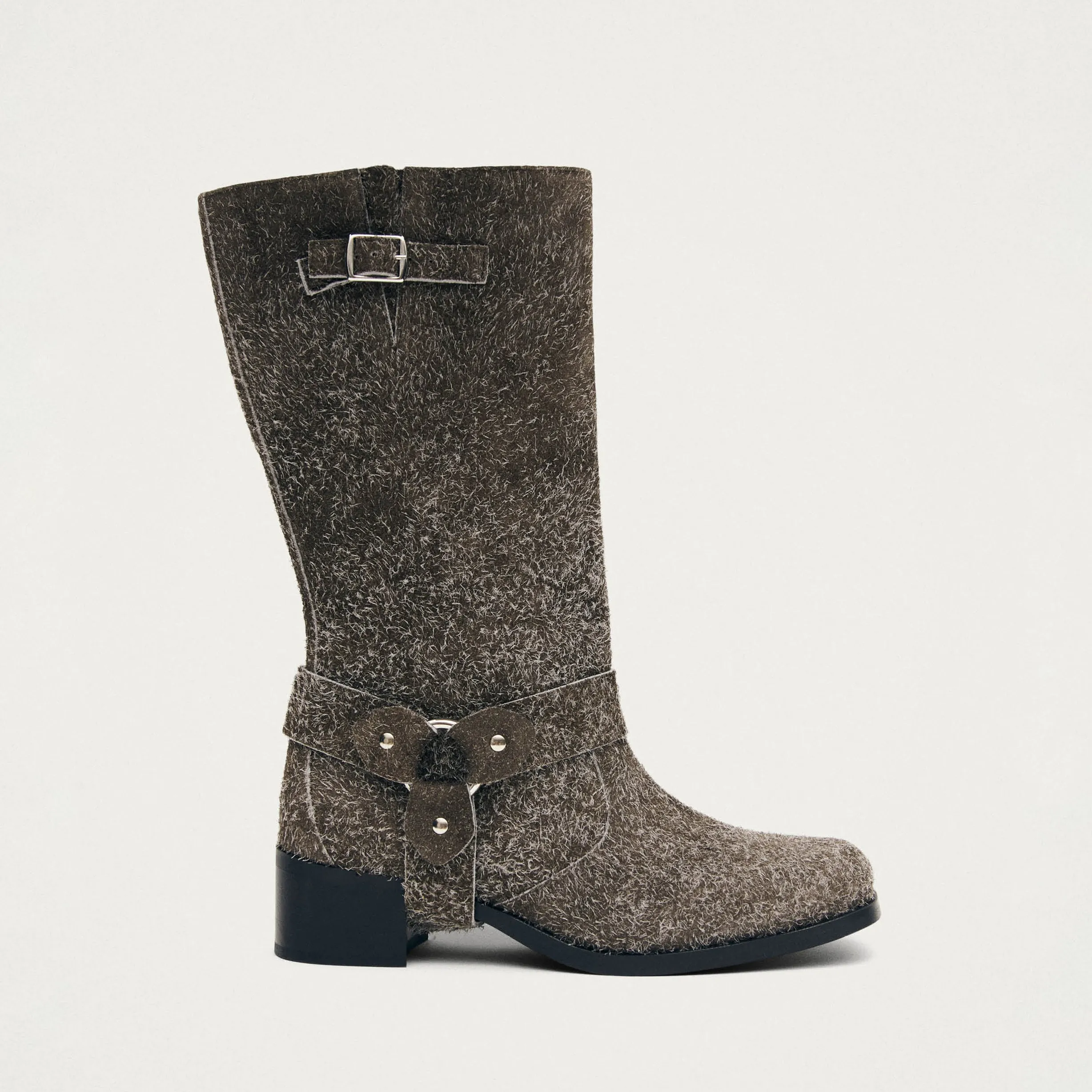 Rocky Suede Fuzzy Khaki Leather Boots