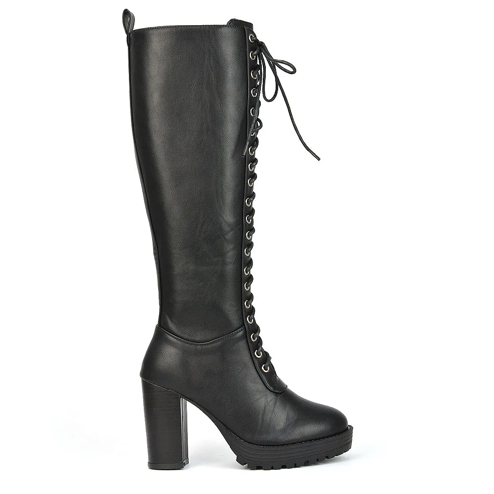 Ruthie Knee High Block Heel Lace Up Platform Boots in Black Synthetic Leather