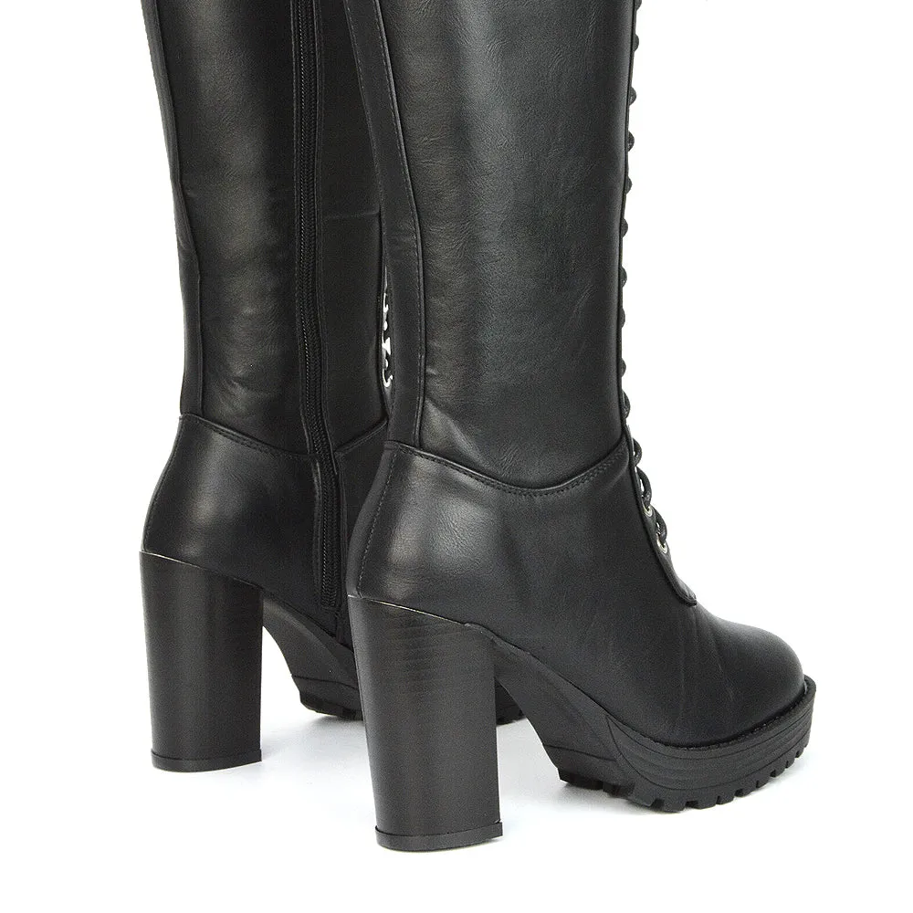 Ruthie Knee High Block Heel Lace Up Platform Boots in Black Synthetic Leather