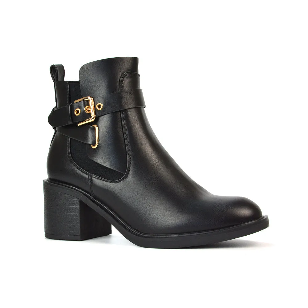 Sasha Biker Elasticated Mid Block Heel Chelsea Ankle Boots in Black Synthetic Leather