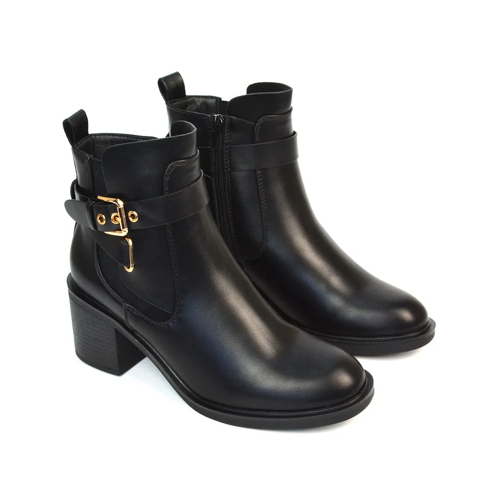 Sasha Biker Elasticated Mid Block Heel Chelsea Ankle Boots in Black Synthetic Leather