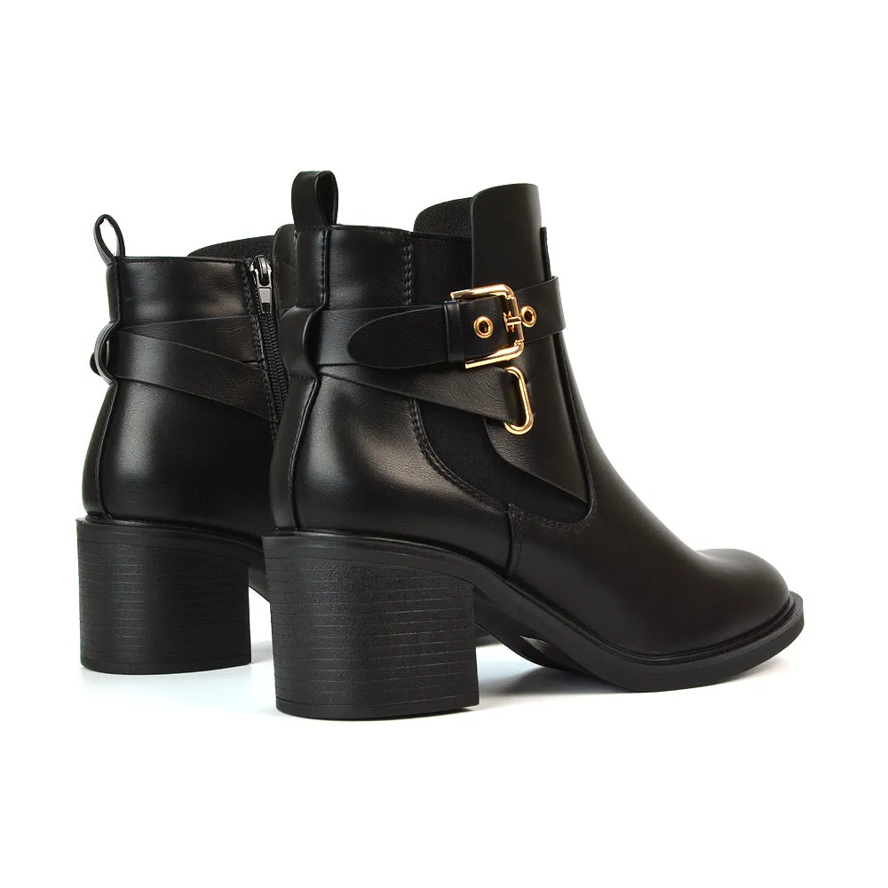 Sasha Biker Elasticated Mid Block Heel Chelsea Ankle Boots in Black Synthetic Leather