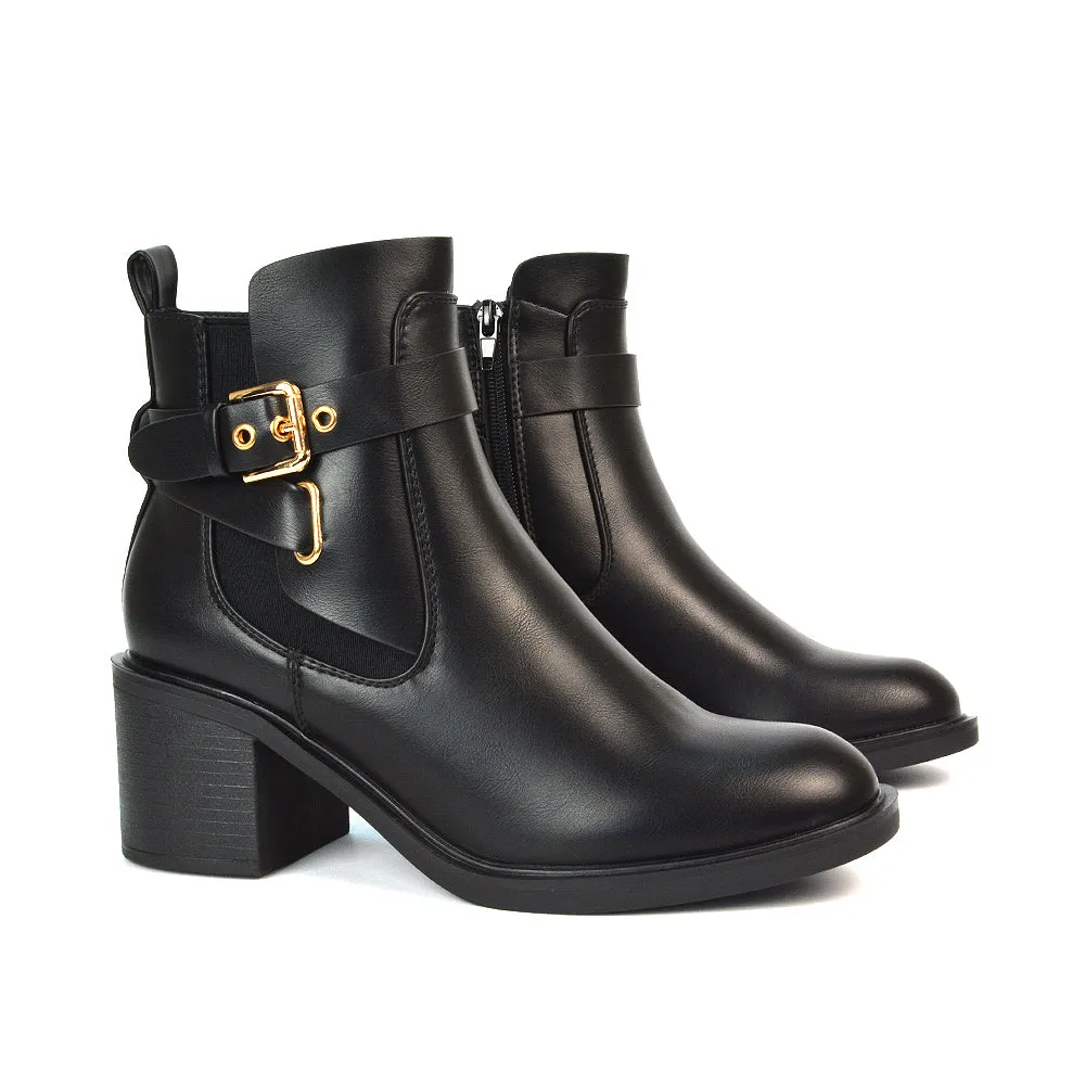 Sasha Biker Elasticated Mid Block Heel Chelsea Ankle Boots in Black Synthetic Leather