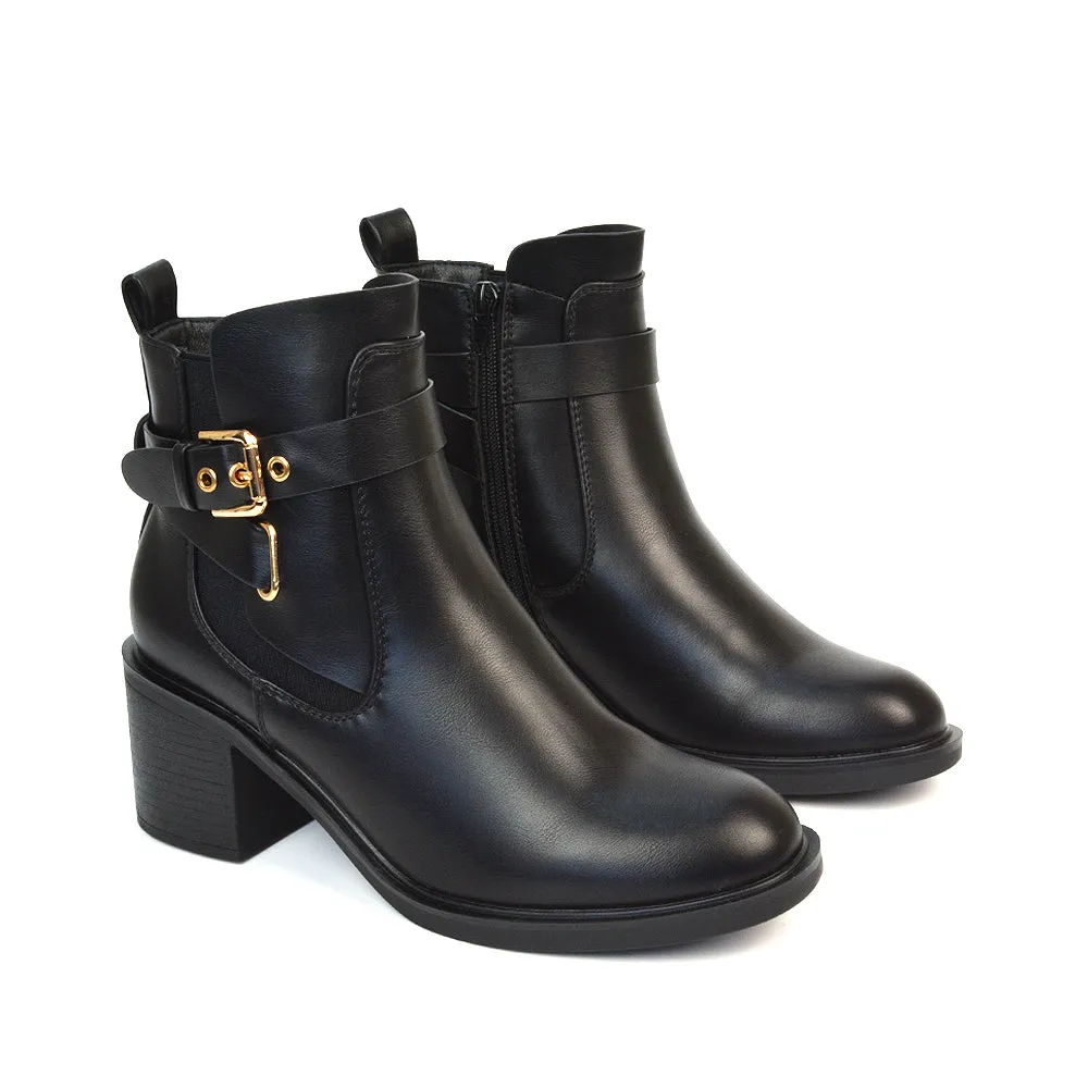 Sasha Biker Elasticated Mid Block Heel Chelsea Ankle Boots in Black Synthetic Leather