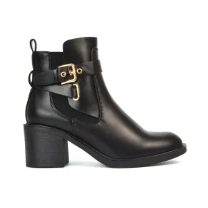 Sasha Biker Elasticated Mid Block Heel Chelsea Ankle Boots in Black Synthetic Leather