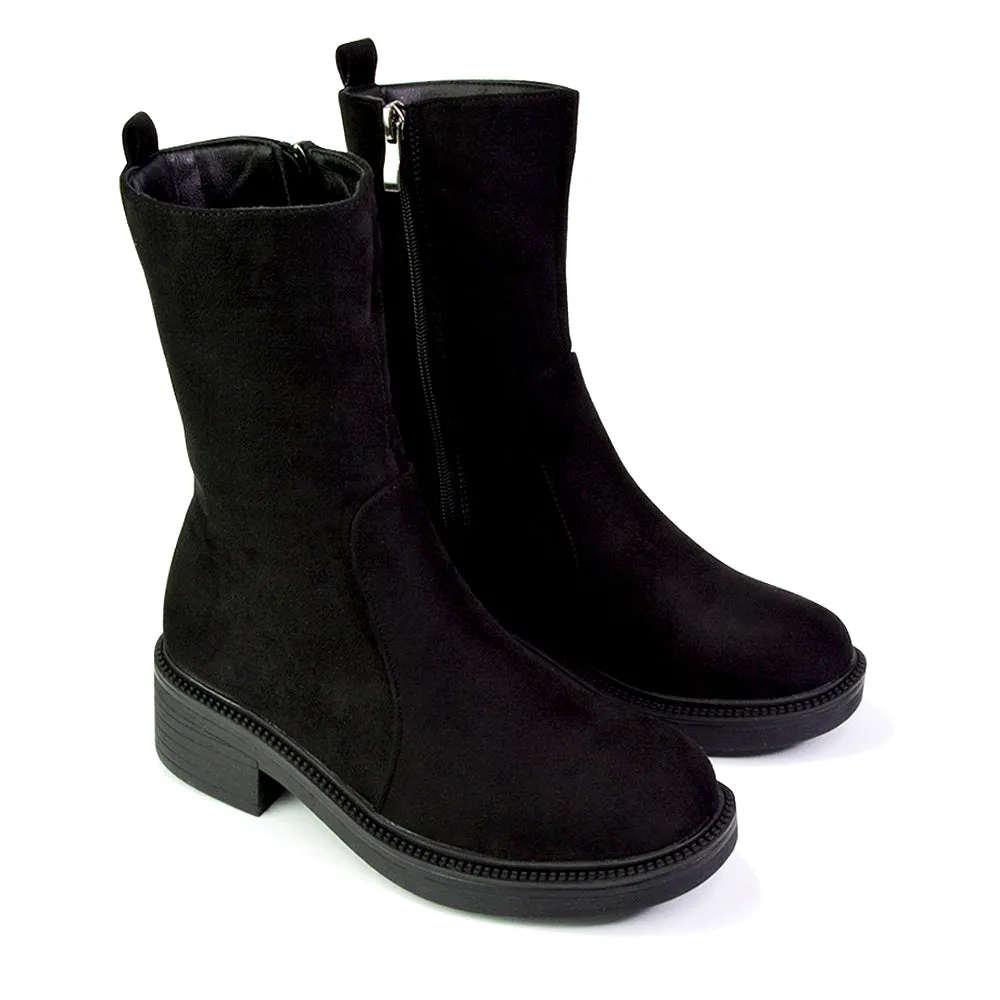 Senna Chunky Block Heel Low Platform Sole Zip Up Biker Sock Ankle Boots in Black Faux Suede