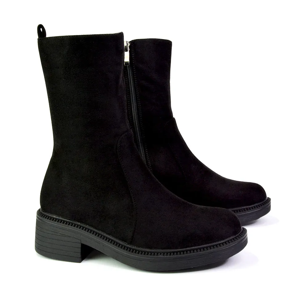 Senna Chunky Block Heel Low Platform Sole Zip Up Biker Sock Ankle Boots in Black Faux Suede