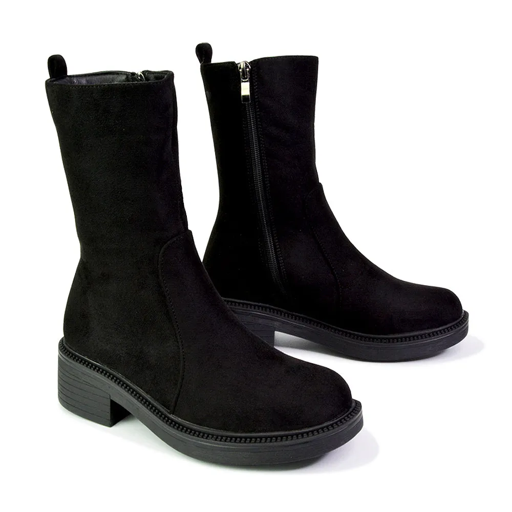 Senna Chunky Block Heel Low Platform Sole Zip Up Biker Sock Ankle Boots in Black Faux Suede