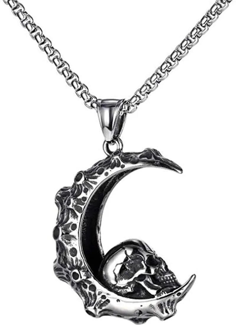 Stainless Steel Retro Vintage Moon Crescent Gothic Skull Biker Halloween Pendant Necklace