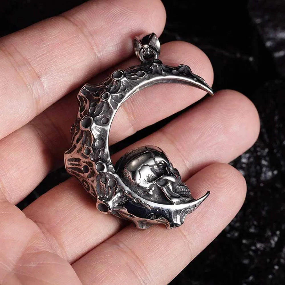 Stainless Steel Retro Vintage Moon Crescent Gothic Skull Biker Halloween Pendant Necklace