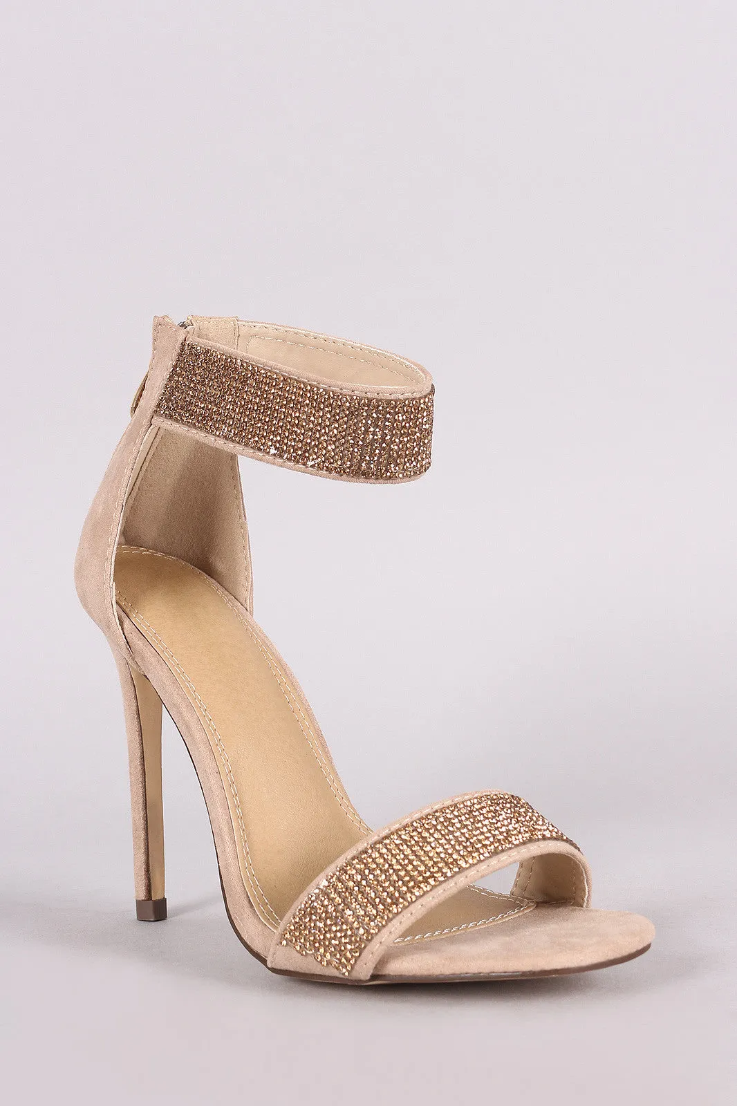 Suede Open Toe Rhinestone Accent Stiletto Heel