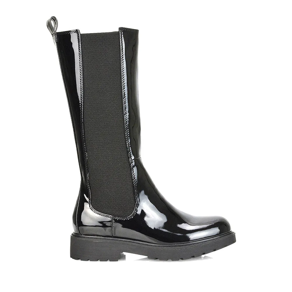 Suzie Flat Low Block Heel Slip on below the Knee Biker Boots in Black Patent