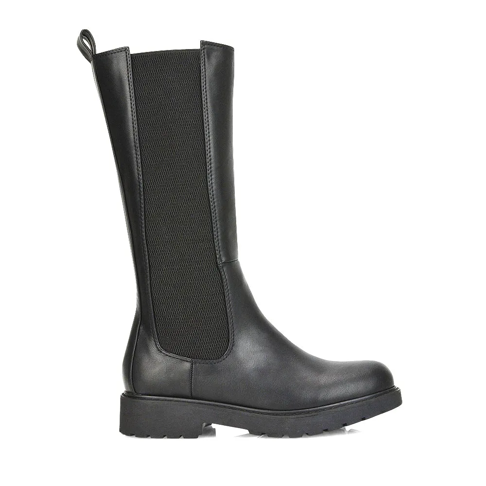 Suzie Flat Low Block Heel Slip on below the Knee Biker Boots in Black Patent