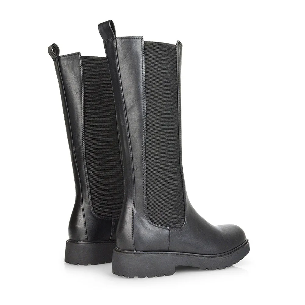 Suzie Flat Low Block Heel Slip on below the Knee Biker Boots in Black Patent