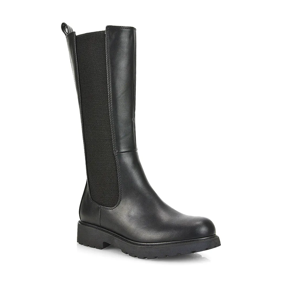 Suzie Flat Low Block Heel Slip on below the Knee Biker Boots in Black Patent