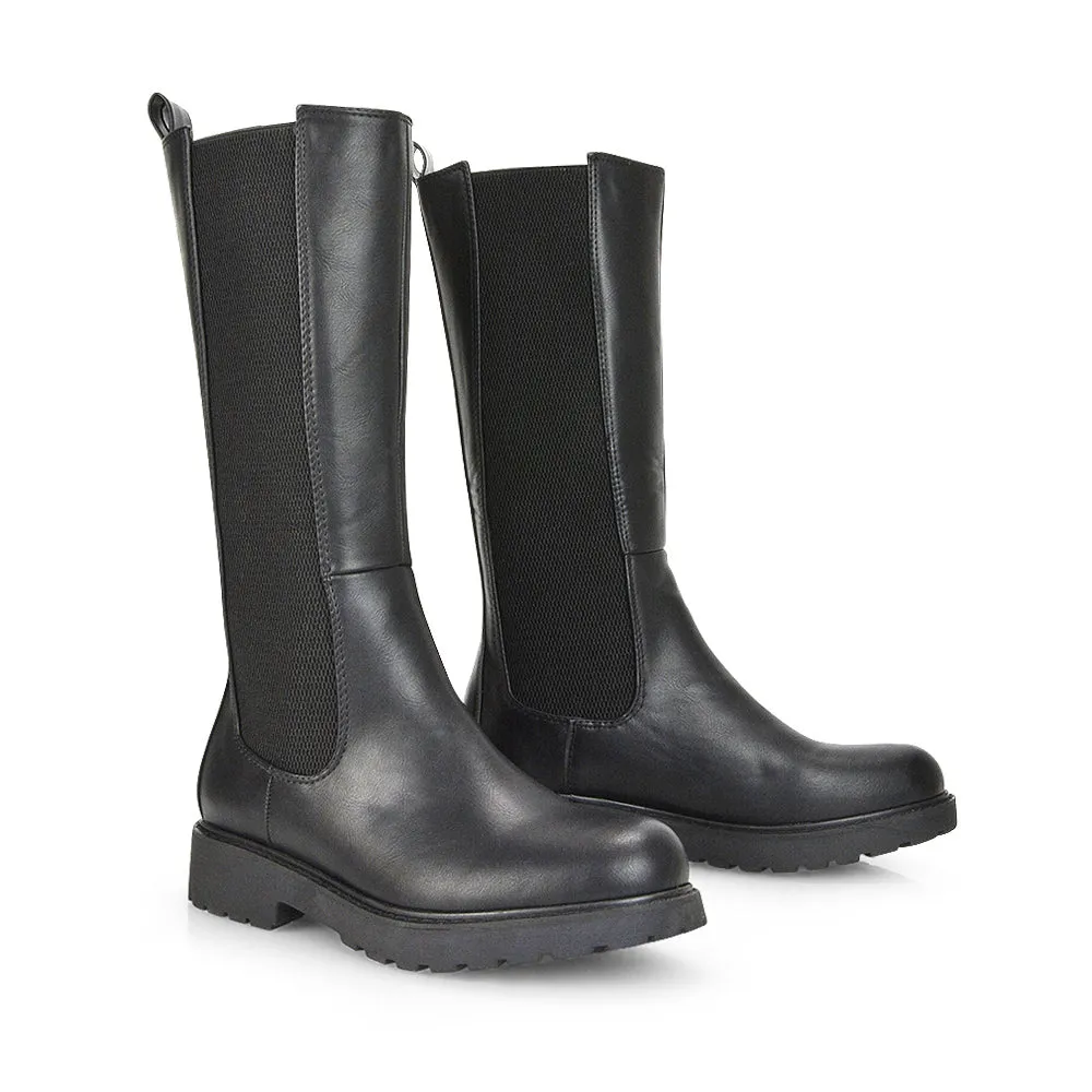 Suzie Flat Low Block Heel Slip on below the Knee Biker Boots in Black Patent