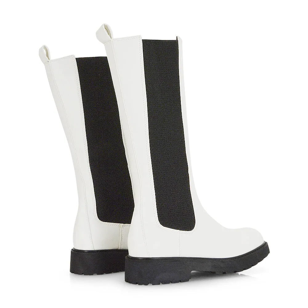 Suzie Flat Low Block Heel Slip on below the Knee Biker Boots in Black Patent