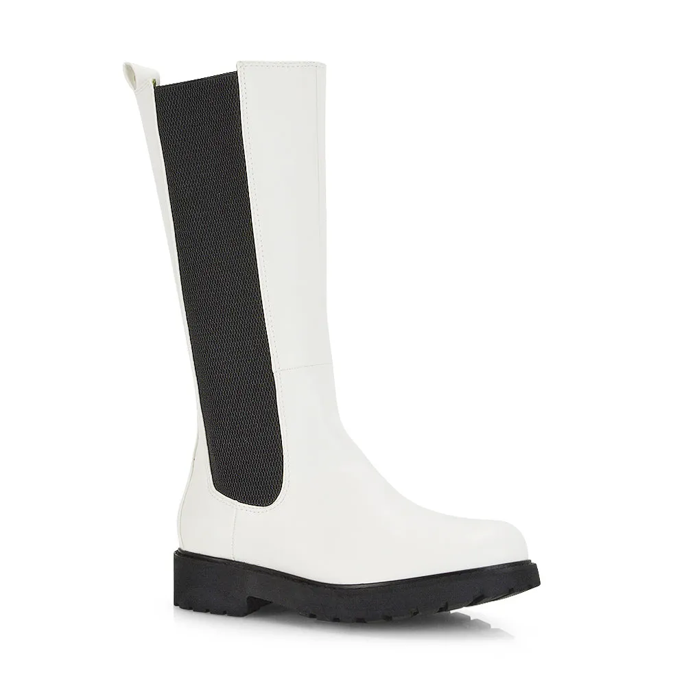 Suzie Flat Low Block Heel Slip on below the Knee Biker Boots in White PU