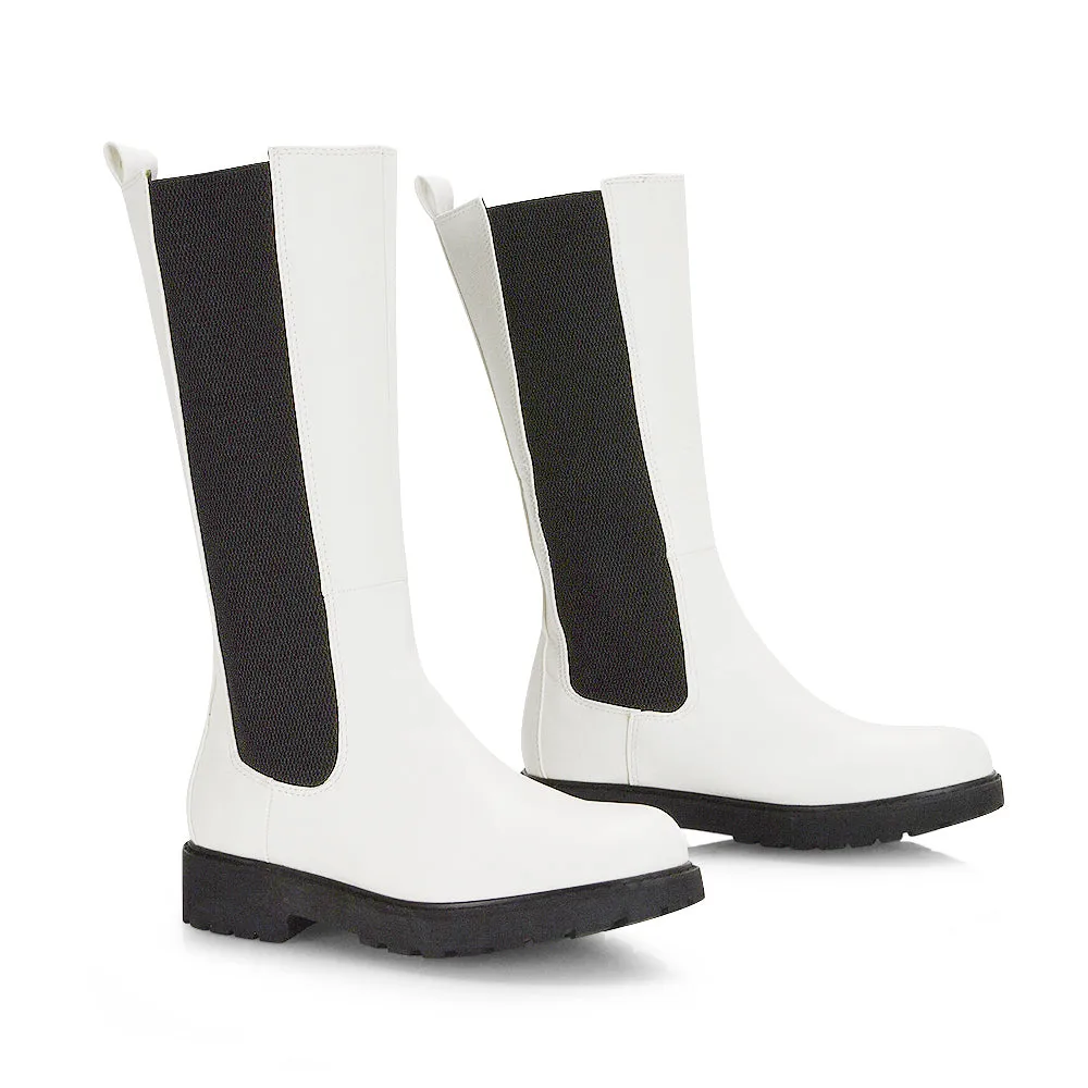 Suzie Flat Low Block Heel Slip on below the Knee Biker Boots in White PU