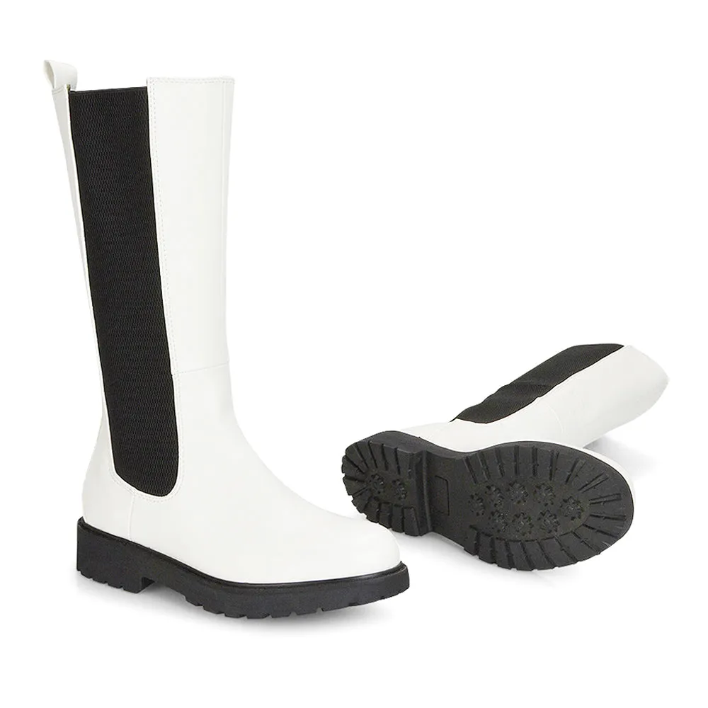 Suzie Flat Low Block Heel Slip on below the Knee Biker Boots in White PU