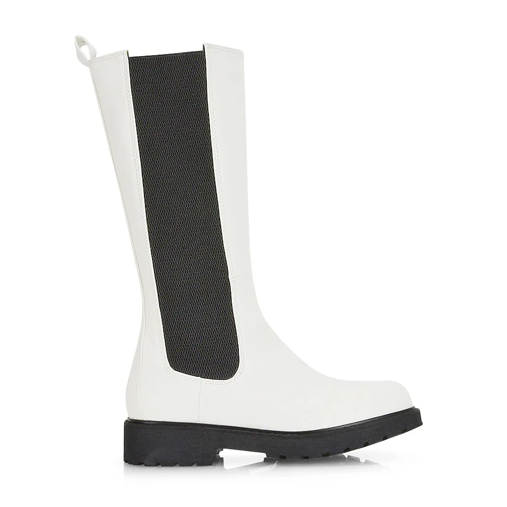 Suzie Flat Low Block Heel Slip on below the Knee Biker Boots in White PU