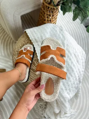 Teddy Velcro Slides in Camel