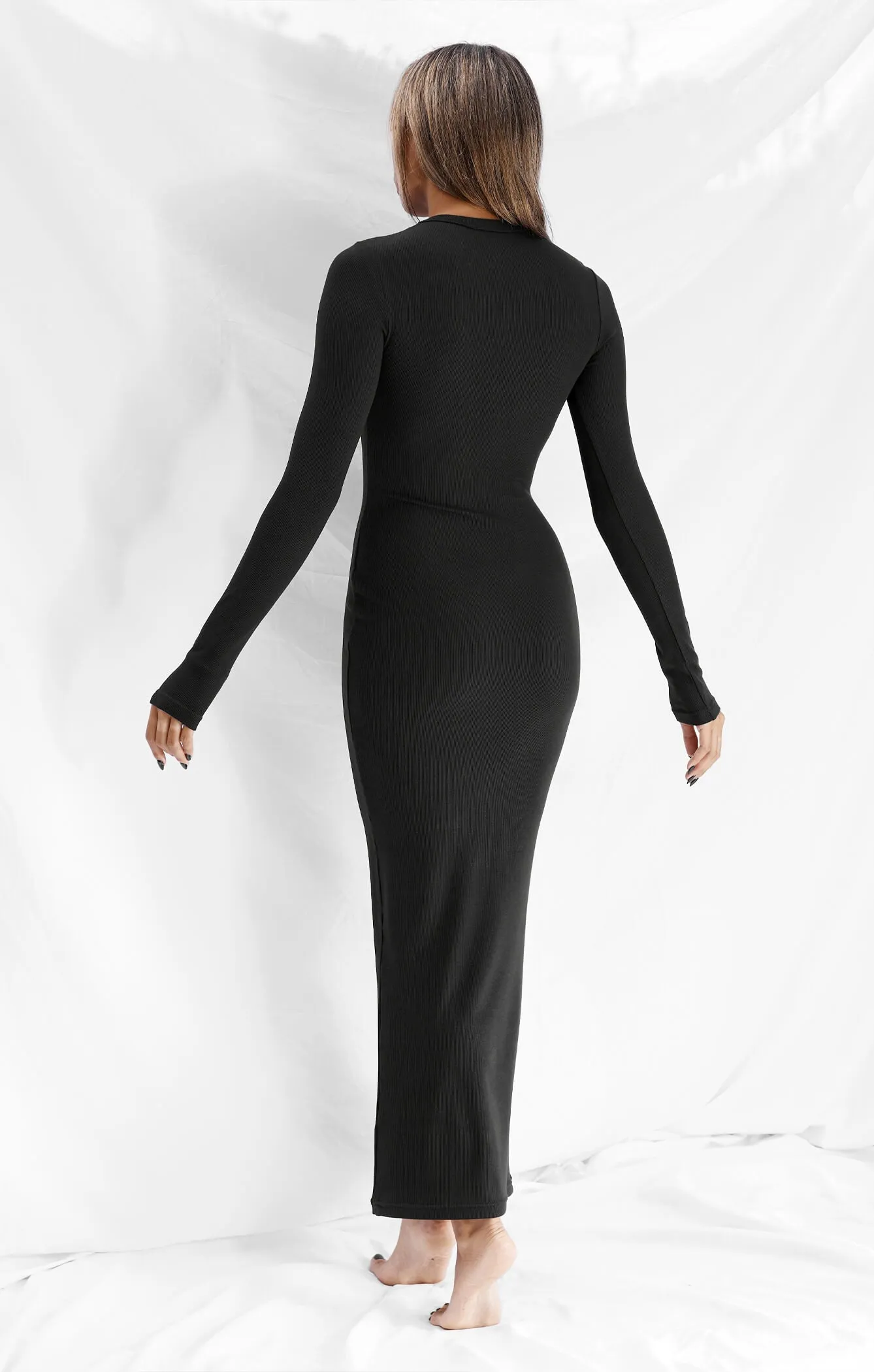 THE LUXE RIB L/S MIDI DRESS - BLACK