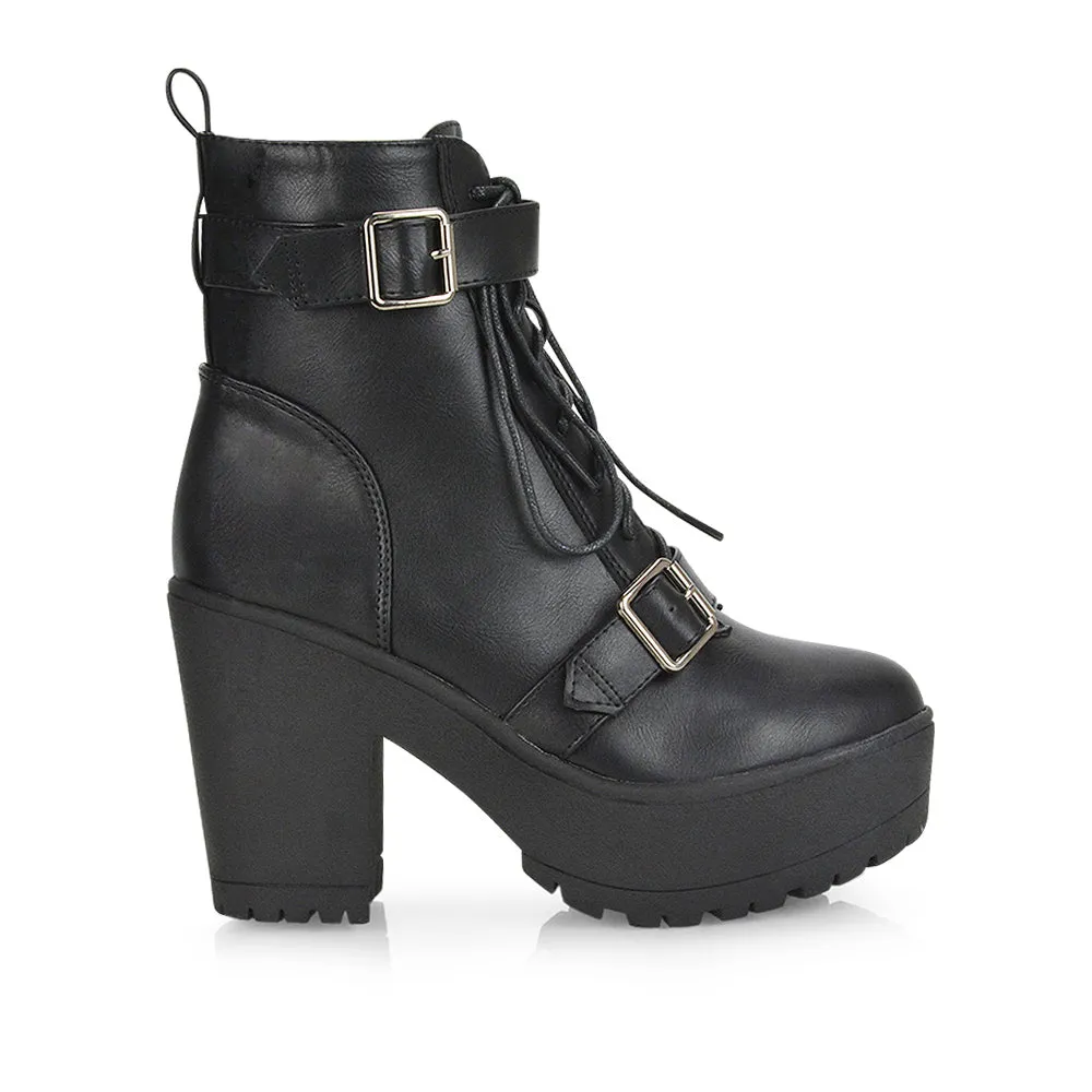 Tina Buckle Lace up Biker Block High Heel Platform Chunky Boots in Black Faux Suede