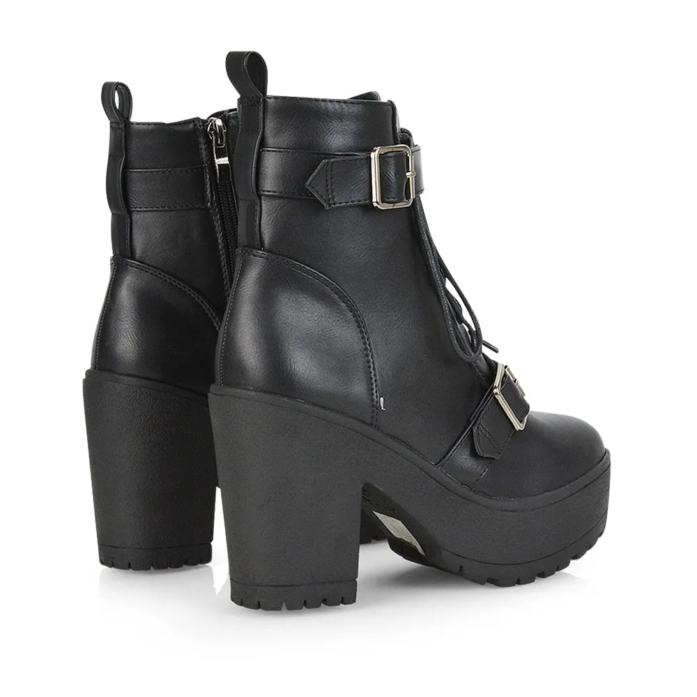 Tina Buckle Lace up Biker Block High Heel Platform Chunky Boots in Black Faux Suede