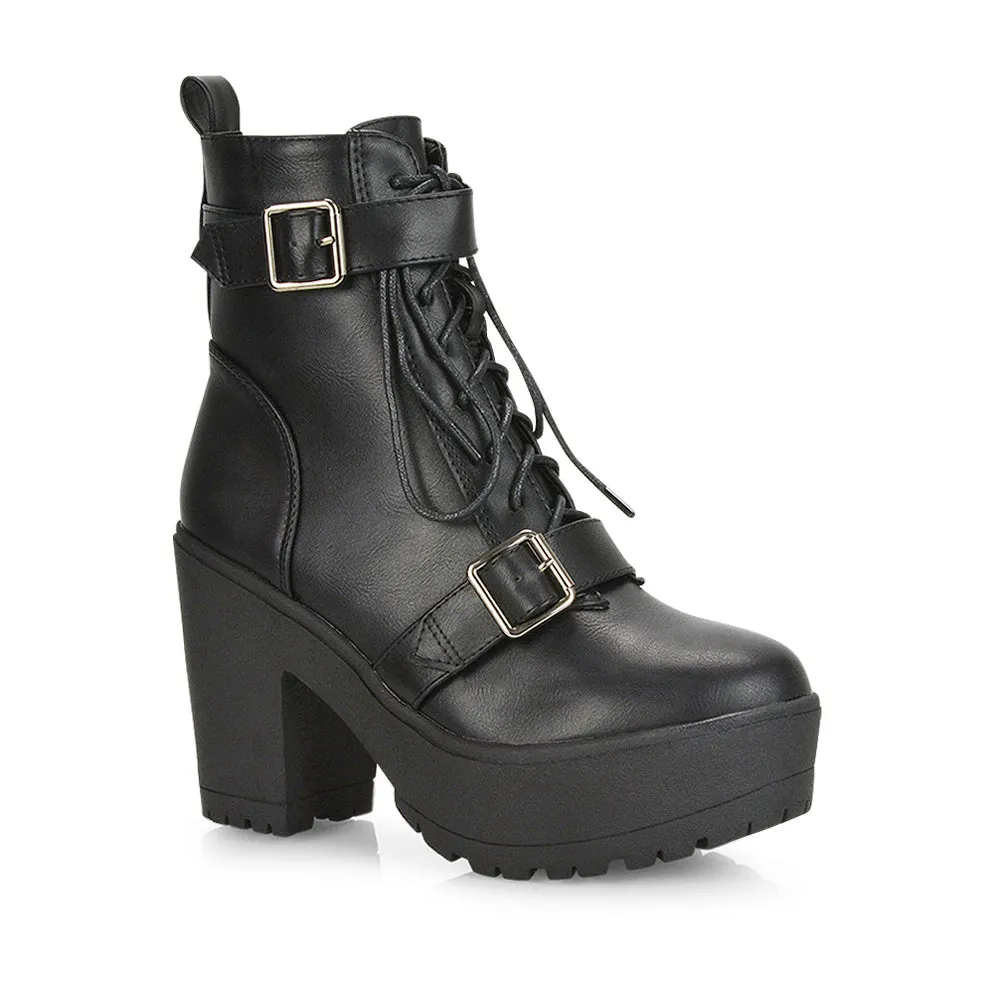 Tina Buckle Lace up Biker Block High Heel Platform Chunky Boots in Black Faux Suede