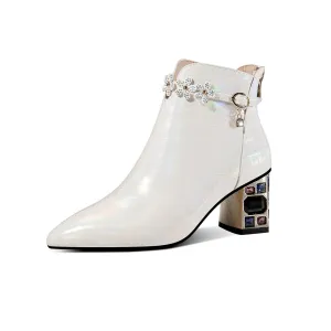 TinaCus Genuine Leather Women's Handmade Crystal Chunky Heel Pointed Toe Back zip Up Floral Belt Ankle Booties