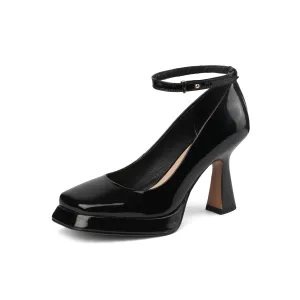 TinaCus Women's Square Toe Glossy Patent Leather Handmade Platform Stylish High Chunky Heels with Detachable Ankle Belt