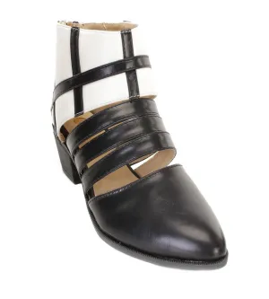 Two Tone Cut Out Strappy Vegan Faux Leather Womens Ankle Bootie