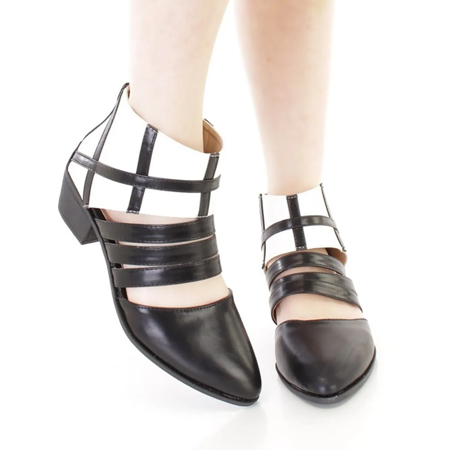 Two Tone Cut Out Strappy Vegan Faux Leather Womens Ankle Bootie