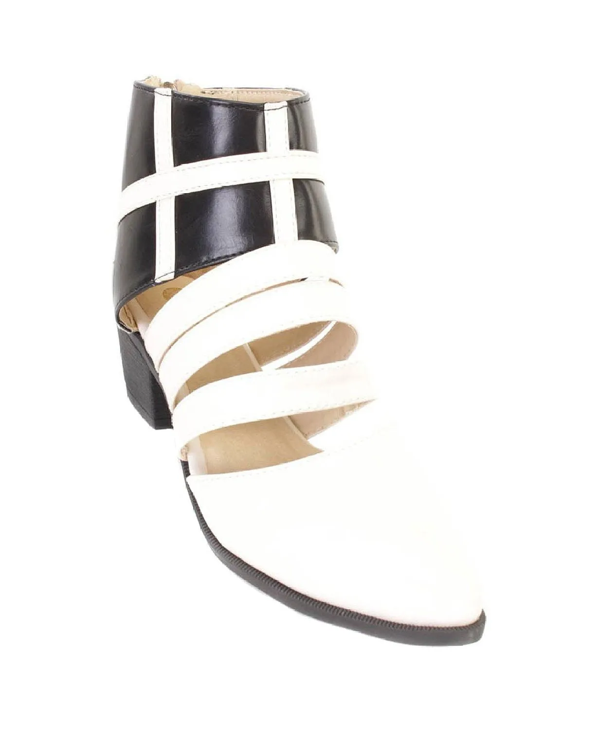 Two Tone Cut Out Strappy Vegan Faux Leather Womens Ankle Bootie