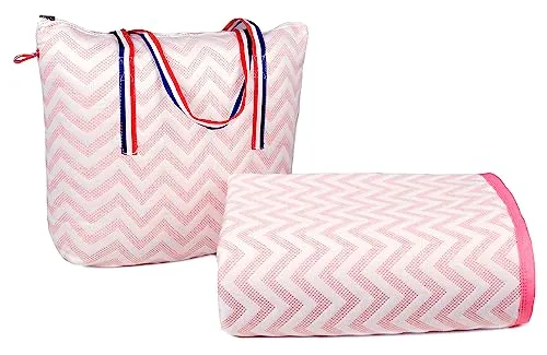 VAS COLLECTIONS Premium Cotton Viscose Dohar/AC Quilt/Blanket for Single Bed Size (60 x 86 inches) |Lightweight Knitted Dohar with a Matching Handbag - 250 GSM | Single - 150x220 cms - Pink & White