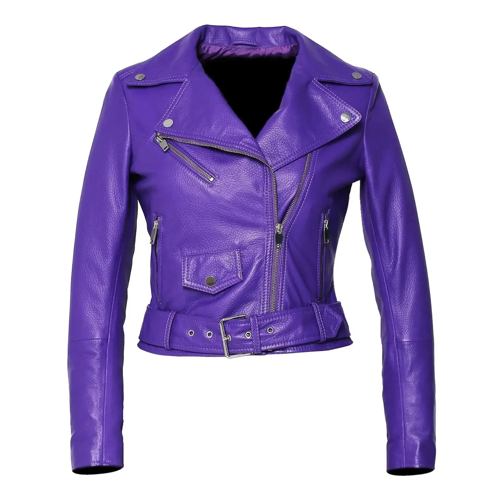 Vibrant Orchid Purple Deerskin Leather Women's Motorcycle Jacket with Bold Moto Features